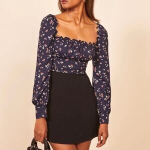 Reformation Matteo Square Neck Long Sleeve Blouse Navy Floral Top size 12